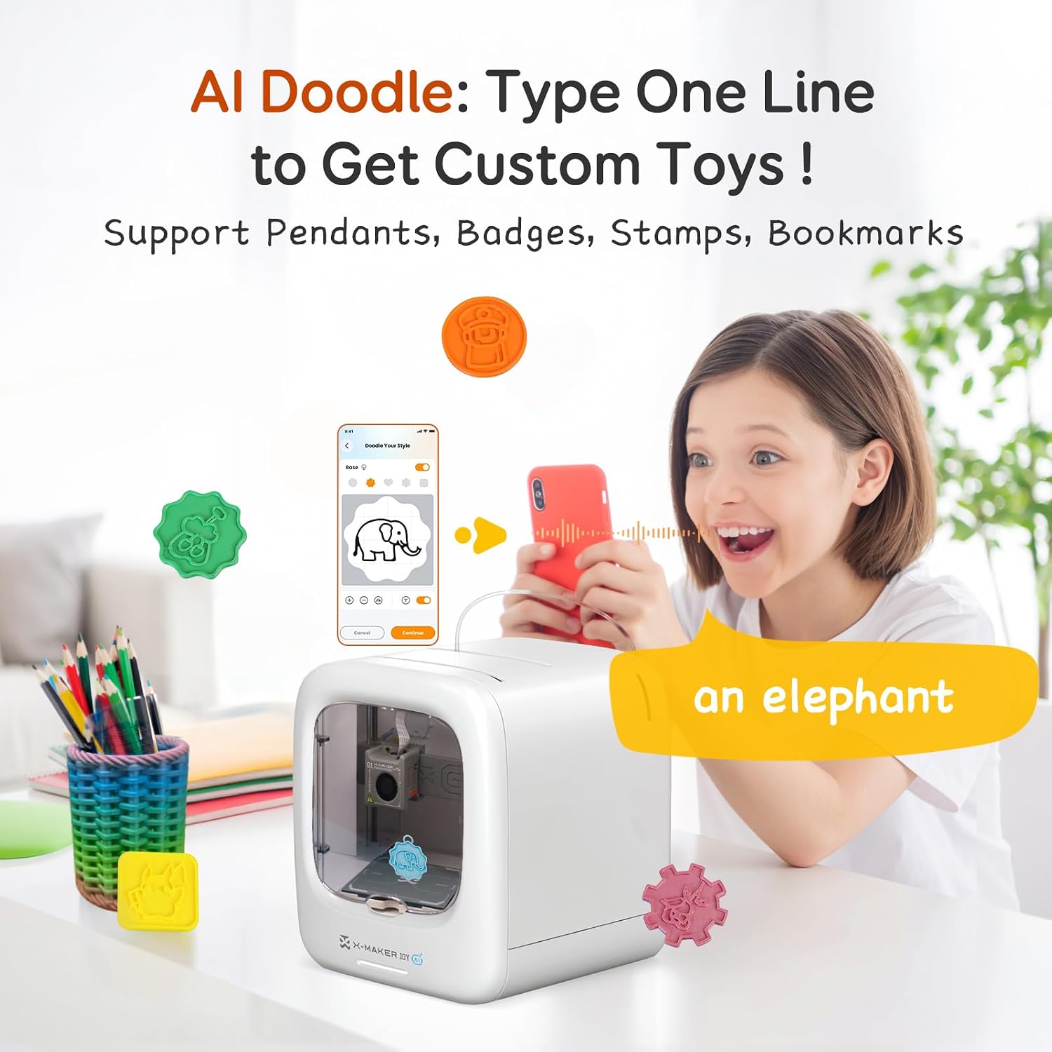 3D Printer for Kids, AI-Powered Fully Assembled 3D Printer with Up to 400mm/s Speed, Auto Leveling, 1500+ Models & 17+ Modules, Includes 8 PLA Filaments for Home and School Use, X-MAKER JOY AI+