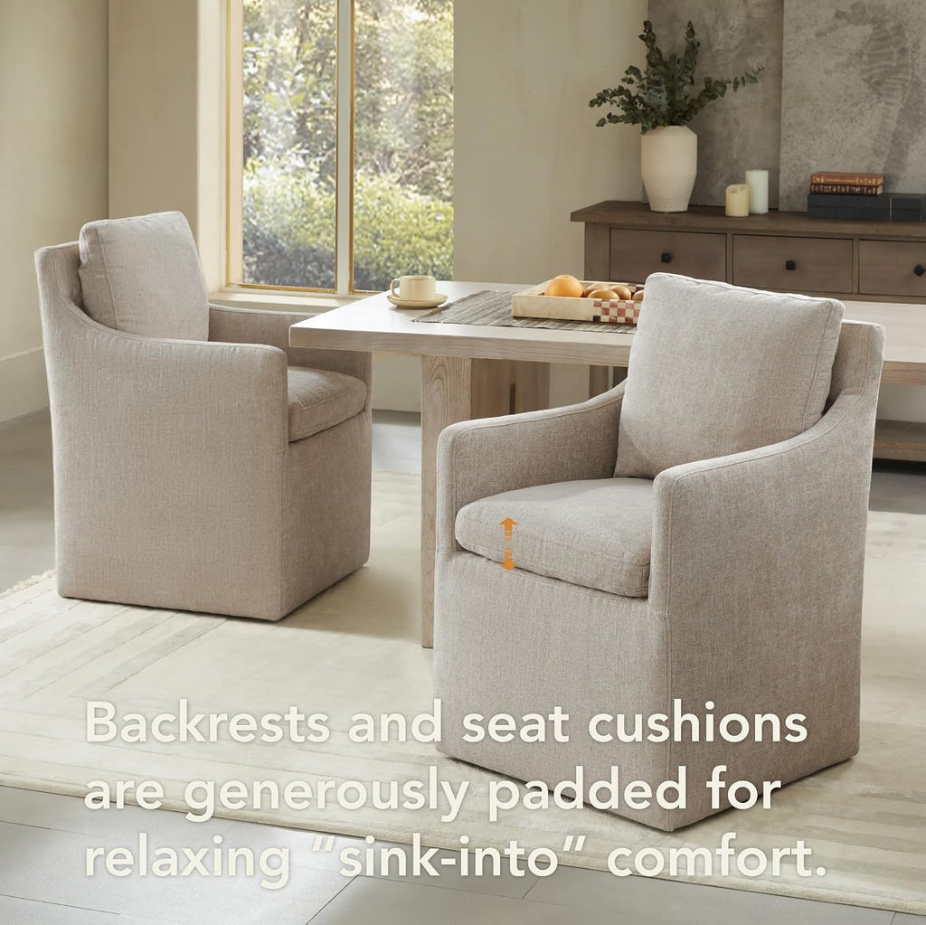 Upholstered Dining Chairs with Casters, No Assembly Modern Accent Armchair with Rollers for Dining Room, Bedroom, Living Room, Reading Room, Already Assembled, Sand, 2 Box