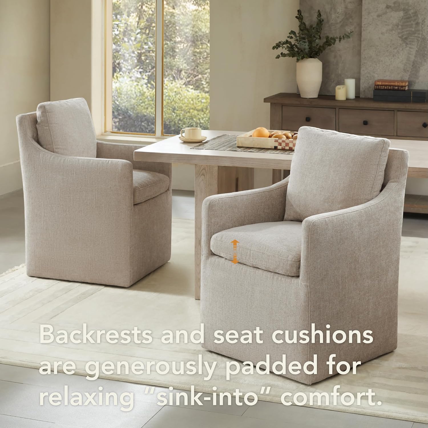 Upholstered Dining Chairs with Casters, No Assembly Modern Accent Armchair with Rollers for Dining Room, Bedroom, Living Room, Reading Room, Already Assembled, Sand, 2 Box