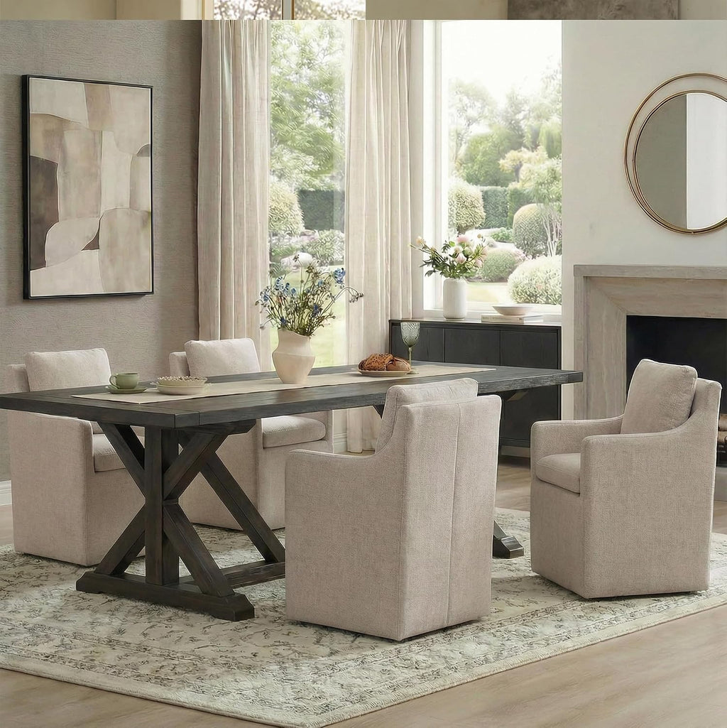 Upholstered Dining Chairs with Casters, No Assembly Modern Accent Armchair with Rollers for Dining Room, Bedroom, Living Room, Reading Room, Already Assembled, Sand, 2 Box