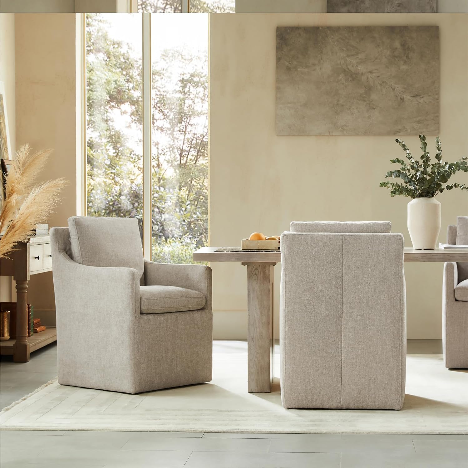 Upholstered Dining Chairs with Casters, No Assembly Modern Accent Armchair with Rollers for Dining Room, Bedroom, Living Room, Reading Room, Already Assembled, Sand, 2 Box