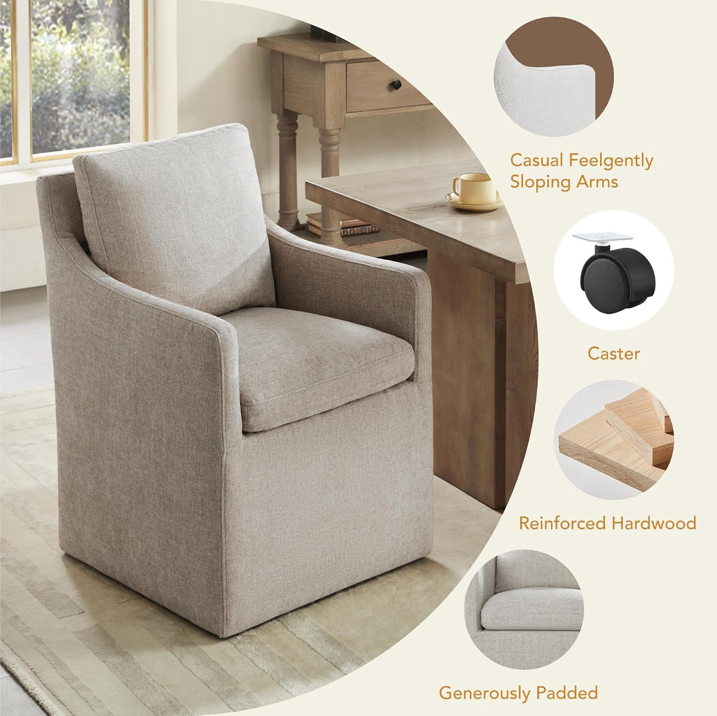Upholstered Dining Chairs with Casters, No Assembly Modern Accent Armchair with Rollers for Dining Room, Bedroom, Living Room, Reading Room, Already Assembled, Sand, 2 Box