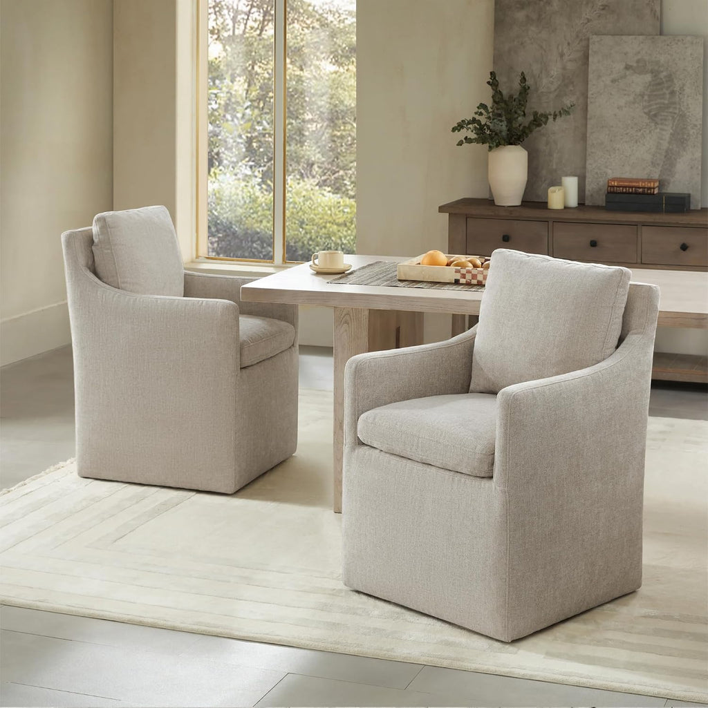 Upholstered Dining Chairs with Casters, No Assembly Modern Accent Armchair with Rollers for Dining Room, Bedroom, Living Room, Reading Room, Already Assembled, Sand, 2 Box
