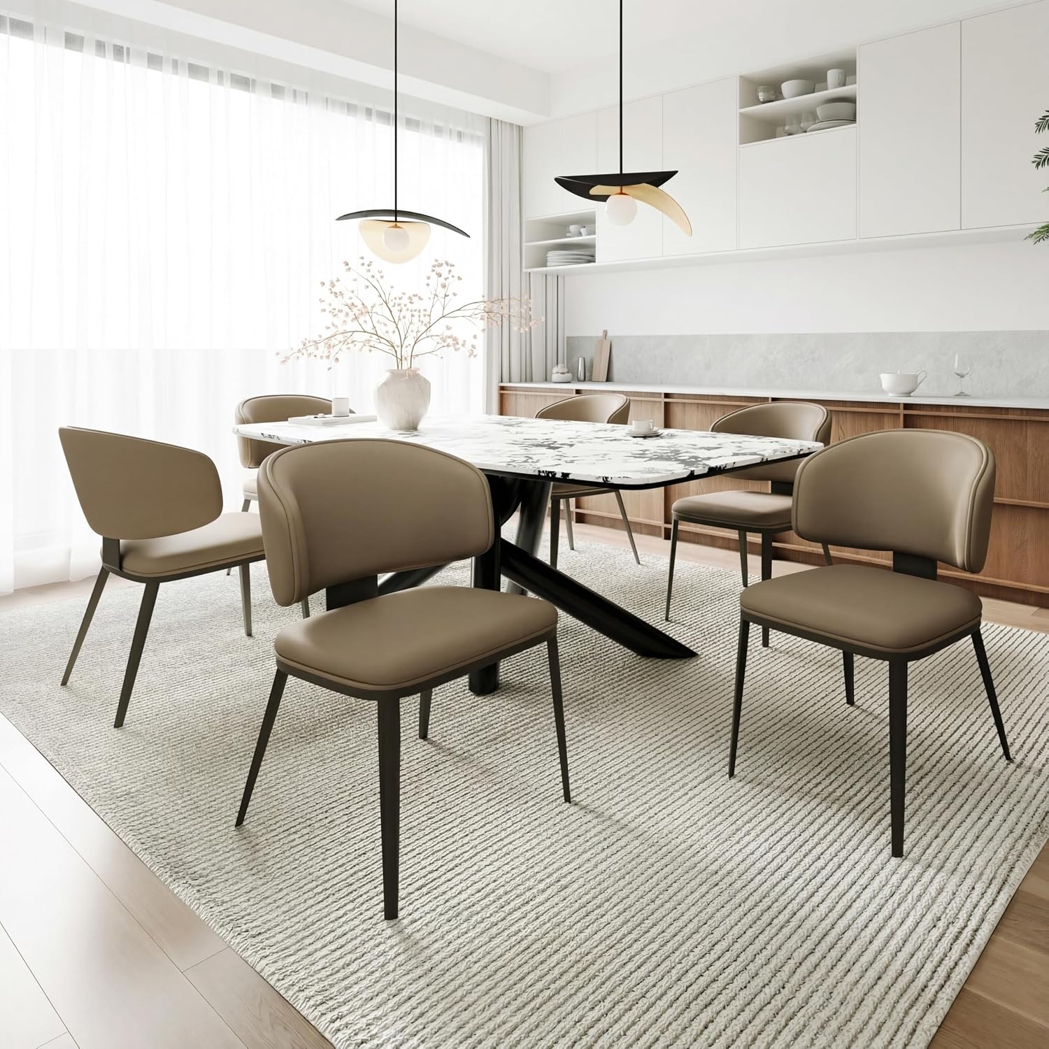 Dining Chairs Modern High Backrest Comfortable, Fashion Upholstered Kitchen Chair Armless Dinner Chair with Metal Legs for All Rooms (Milk Coffee, Set of 6)